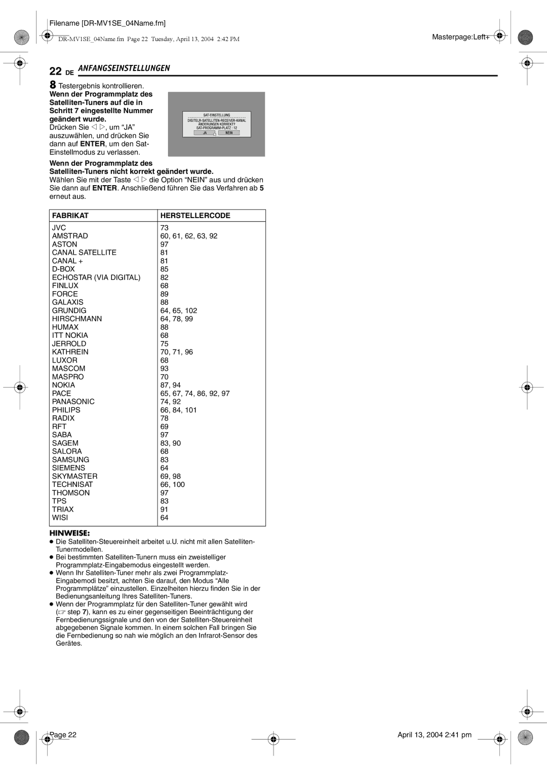 JVC DR-MV1S manual Fabrikat Herstellercode 