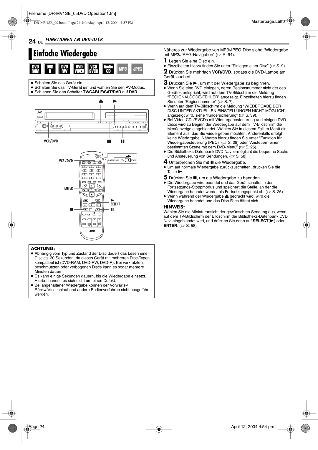 JVC DR-MV1S manual Einfache Wiedergabe 