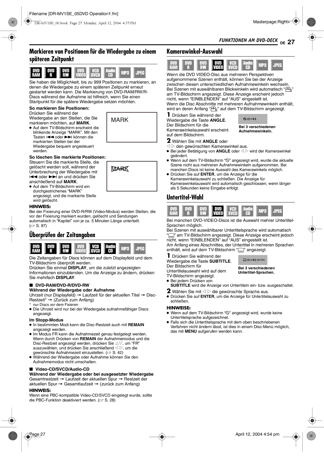 JVC DR-MV1S manual Überprüfen der Zeitangaben, Kamerawinkel-Auswahl, Untertitel-Wahl, Dvd-Ram/Dvd-R/Dvd-Rw 