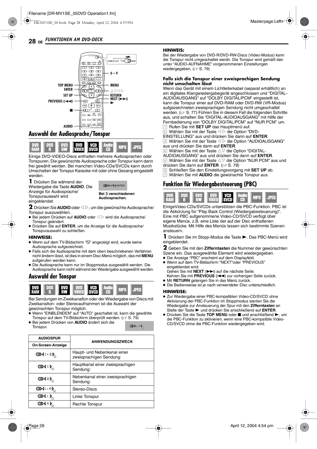 JVC DR-MV1S manual Auswahl der Audiosprache/Tonspur, Funktion für Wiedergabesteuerung PBC, Auswahl der Tonspur 