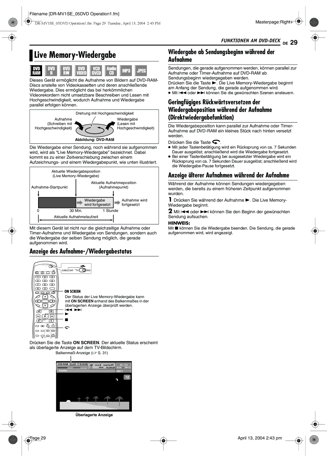 JVC DR-MV1S manual Live Memory-Wiedergabe, Wiedergabe ab Sendungsbeginn während der Aufnahme, April 13, 2004 243 pm 