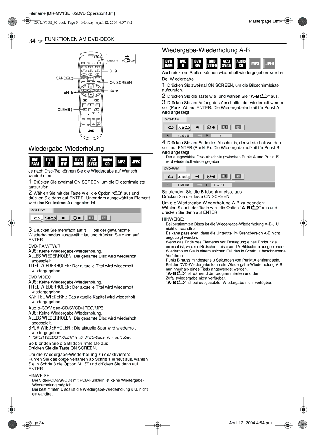 JVC DR-MV1S manual Wiedergabe-Wiederholung A-B, Enter DVD-RAM/RW/R, Enter Hinweise 