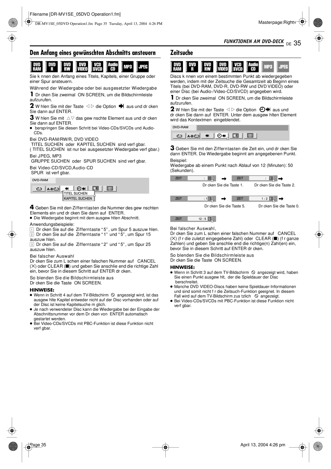 JVC DR-MV1S manual Zeitsuche, Den Anfang eines gewünschten Abschnitts ansteuern 