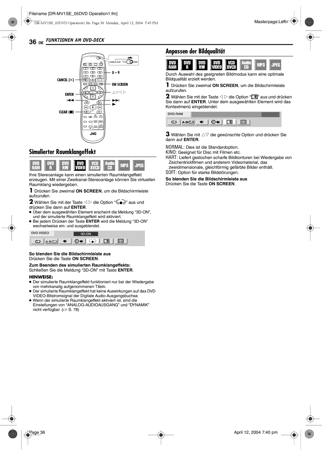 JVC DR-MV1S Anpassen der Bildqualität, Simulierter Raumklangeffekt, Drücken Sie die Taste on Screen April 12, 2004 740 pm 