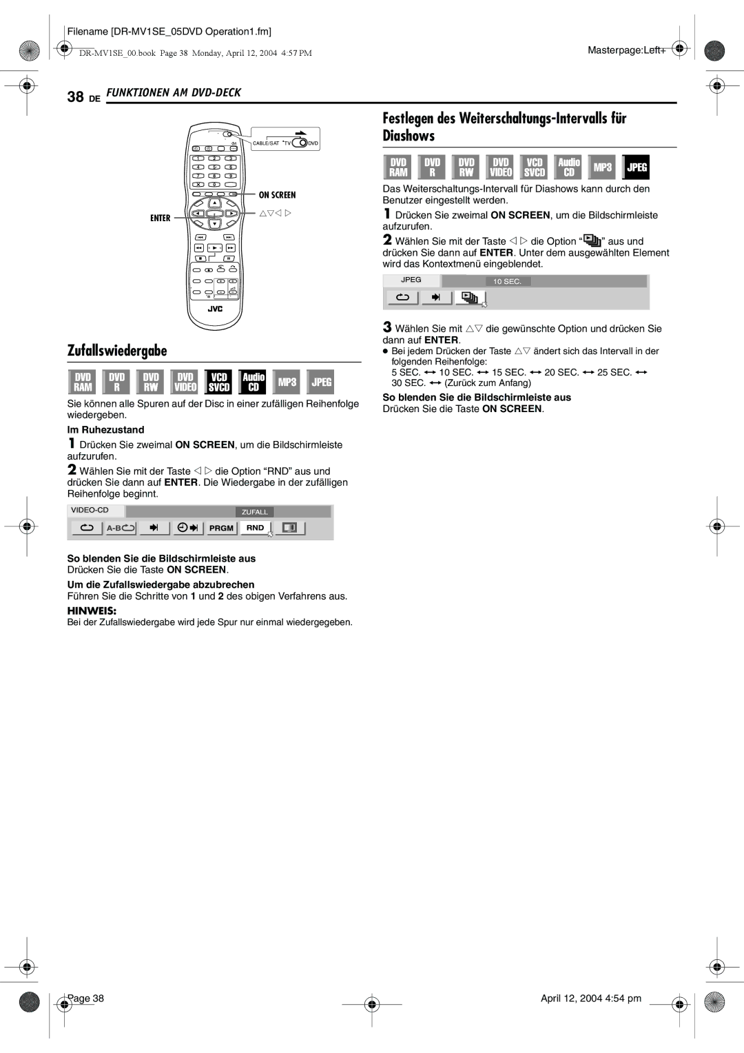 JVC DR-MV1S manual Diashows, Zufallswiedergabe 