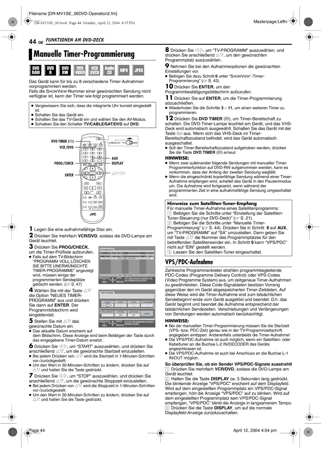 JVC DR-MV1S manual VPS/PDC-Aufnahme 