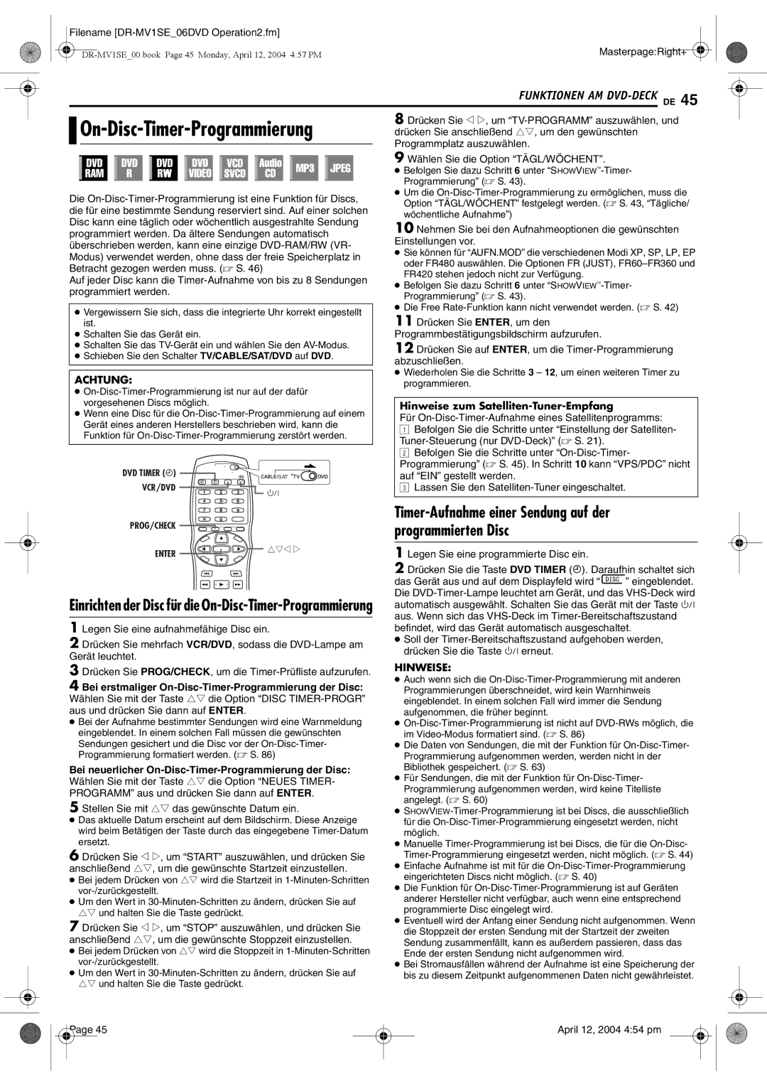 JVC DR-MV1S manual Einrichten der Disc für die On-Disc-Timer-Programmierung 