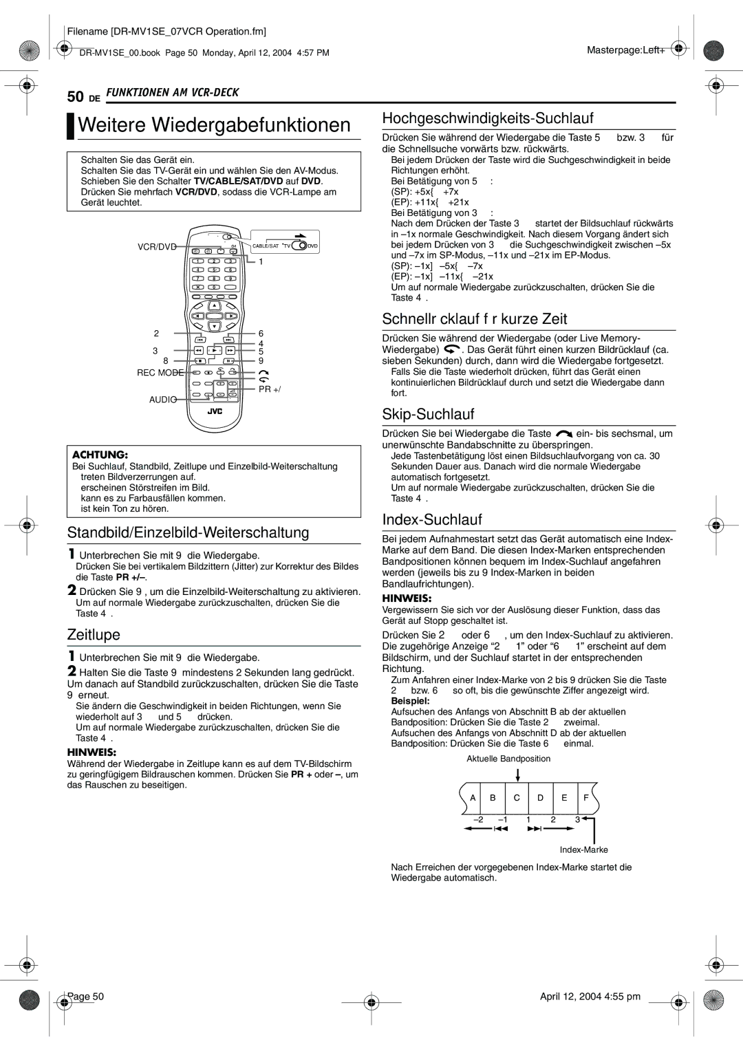 JVC DR-MV1S manual Schnellrücklauf für kurze Zeit, Index-Suchlauf 