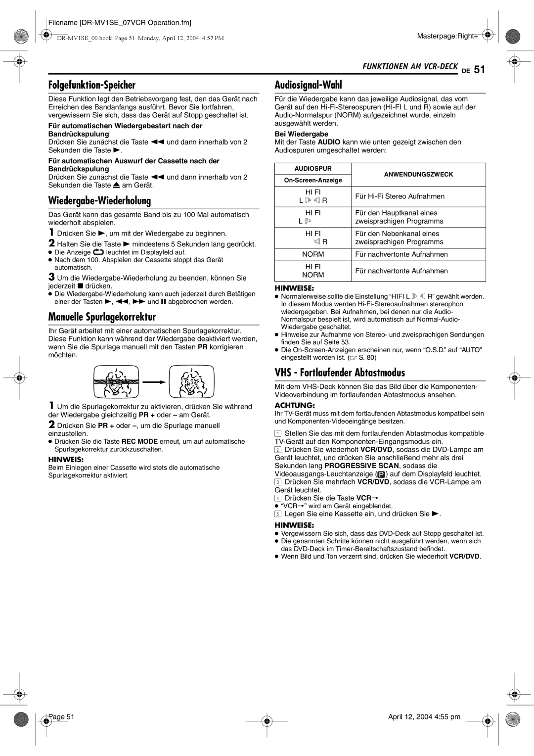 JVC DR-MV1S manual Folgefunktion-Speicher, Manuelle Spurlagekorrektur, VHS Fortlaufender Abtastmodus, Audiosignal-Wahl 