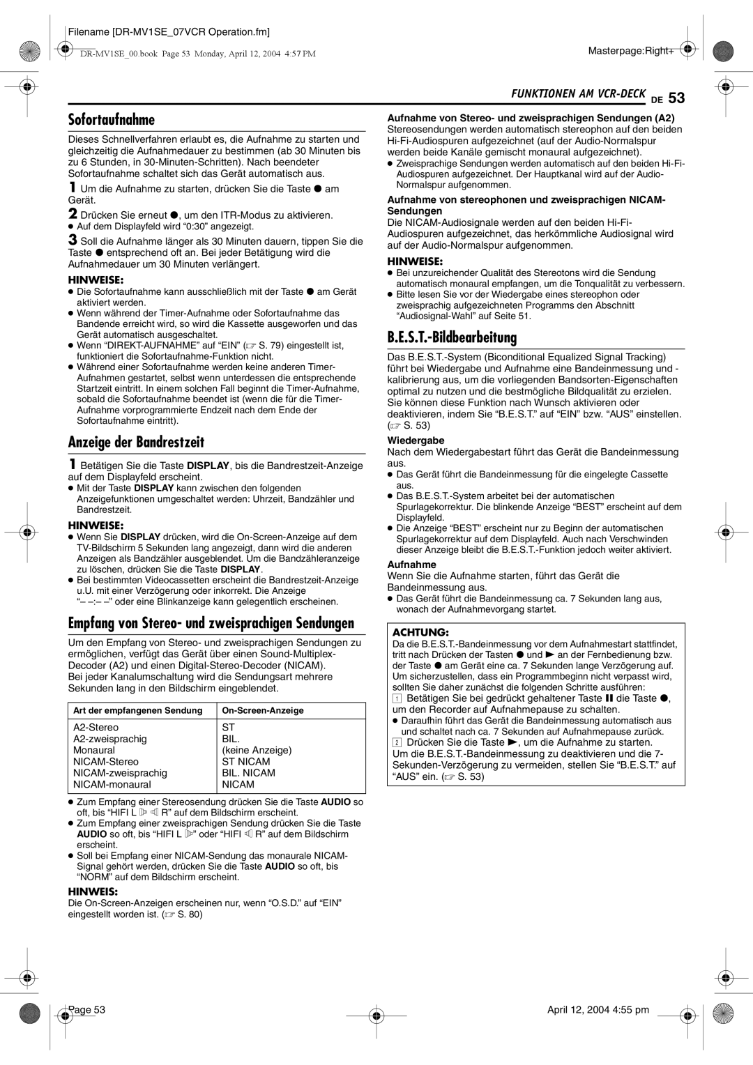 JVC DR-MV1S manual S.T.-Bildbearbeitung, Anzeige der Bandrestzeit, Sendungen, Wiedergabe, Aufnahme 