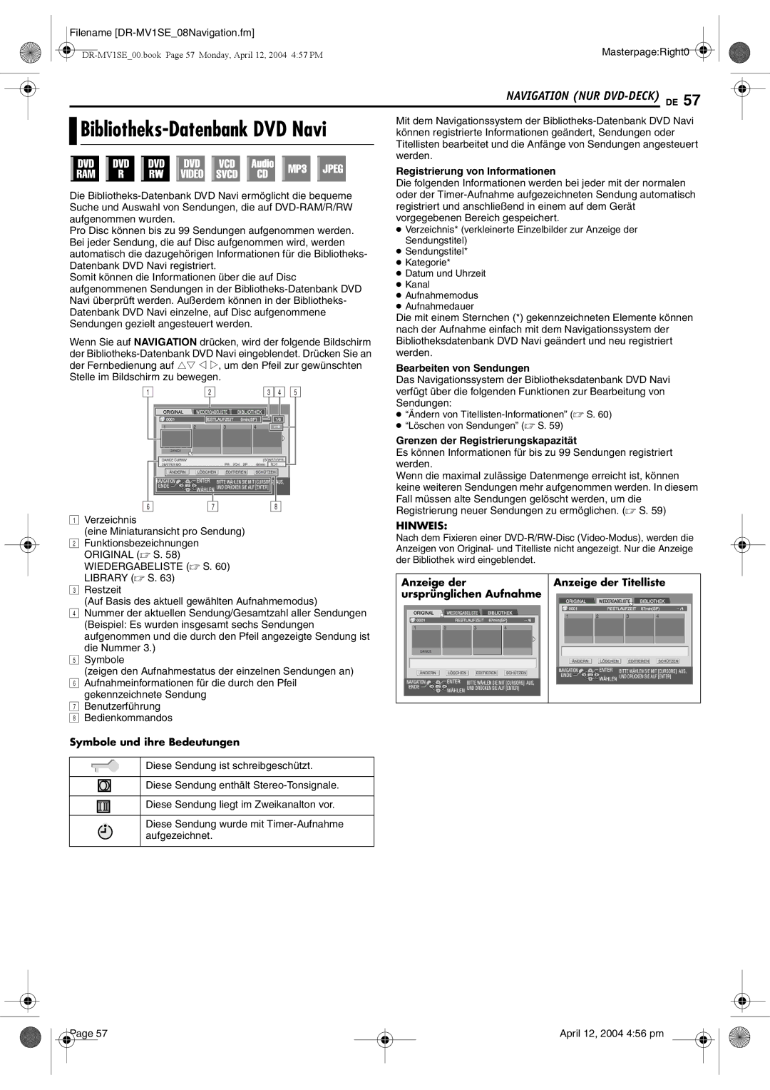 JVC DR-MV1S manual Anzeige der Anzeige der Titelliste, Ursprünglichen Aufnahme, Symbole und ihre Bedeutungen 