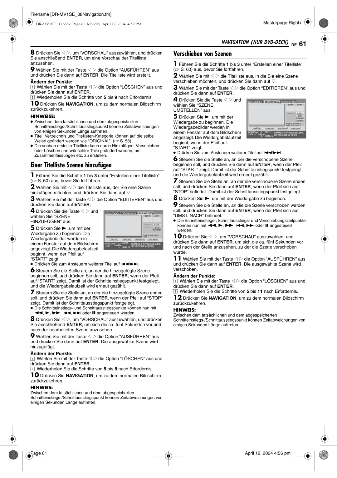 JVC DR-MV1S manual Verschieben von Szenen, Einer Titelliste Szenen hinzufügen 