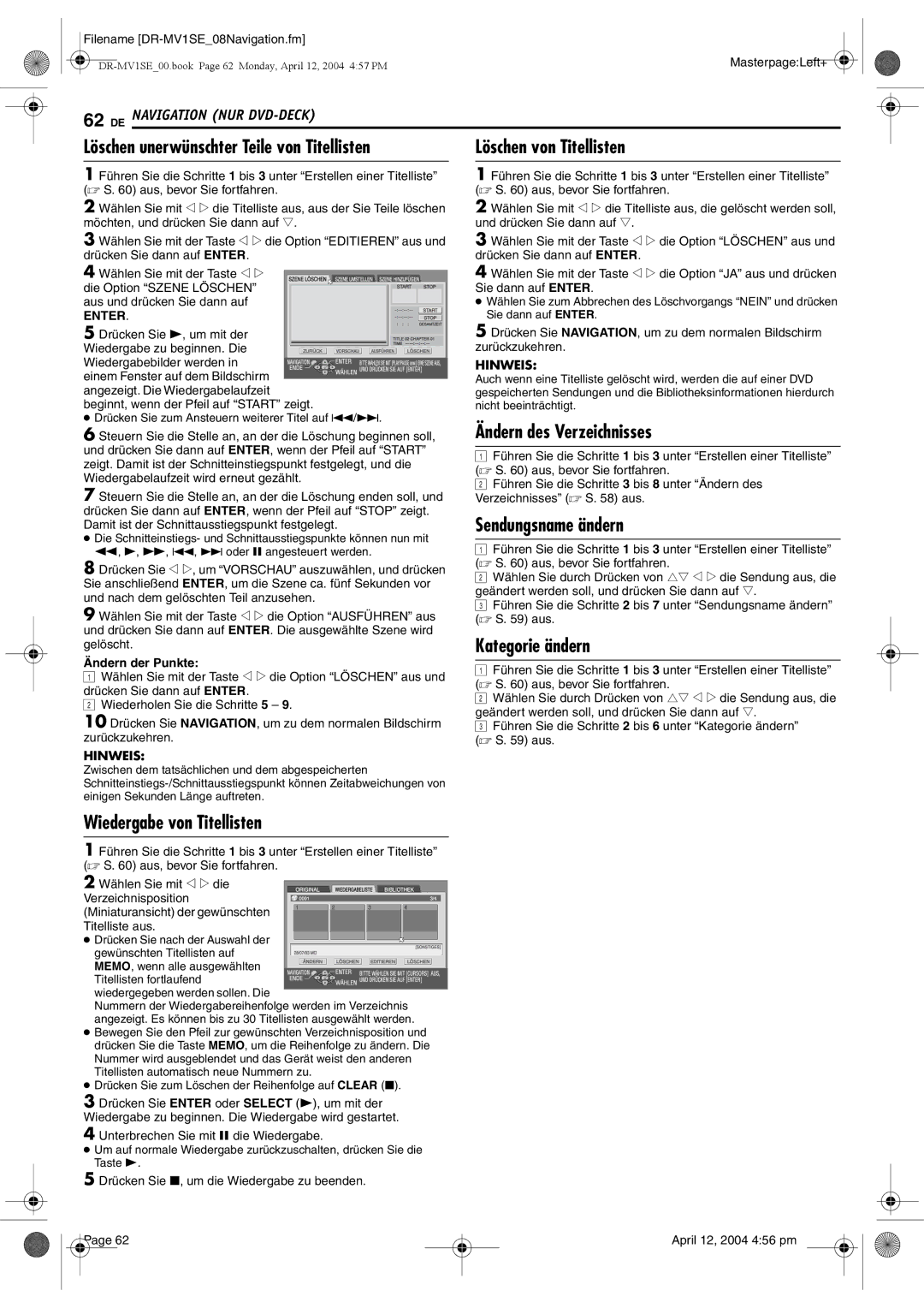 JVC DR-MV1S manual Wiedergabe von Titellisten, Löschen von Titellisten 