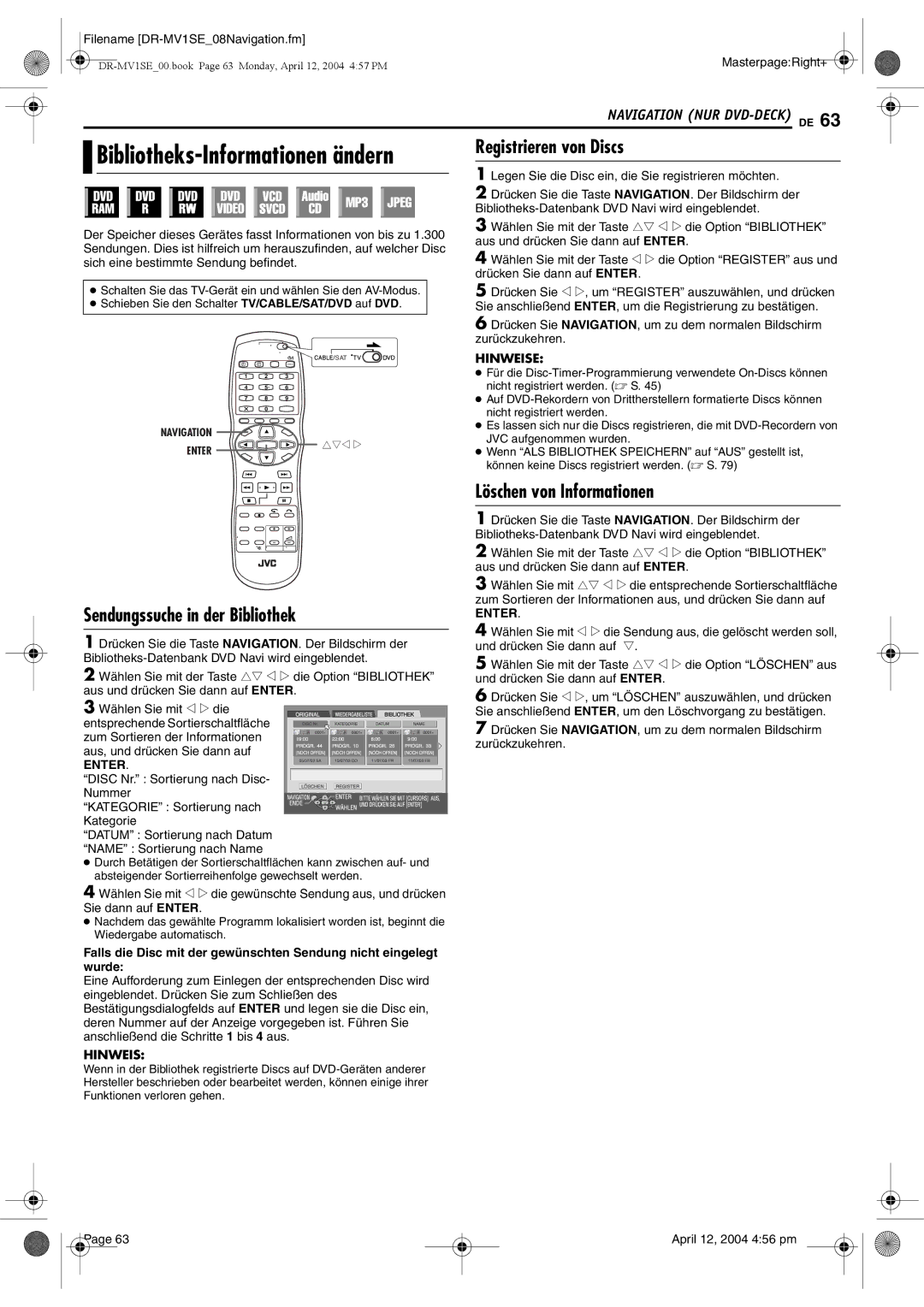 JVC DR-MV1S manual Registrieren von Discs, Sendungssuche in der Bibliothek, Löschen von Informationen 