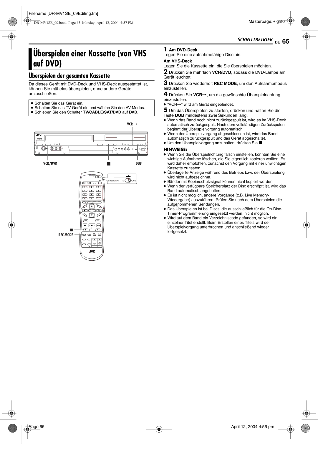 JVC manual Überspielen einer Kassette von VHS auf DVD, Überspielen der gesamten Kassette, Filename DR-MV1SE09Editing.fm 