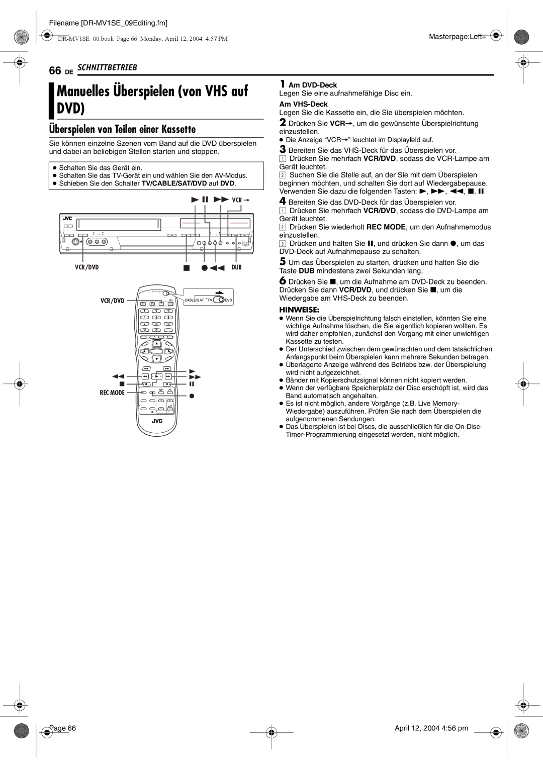 JVC DR-MV1S manual Manuelles Überspielen von VHS auf DVD, Überspielen von Teilen einer Kassette, Dub 