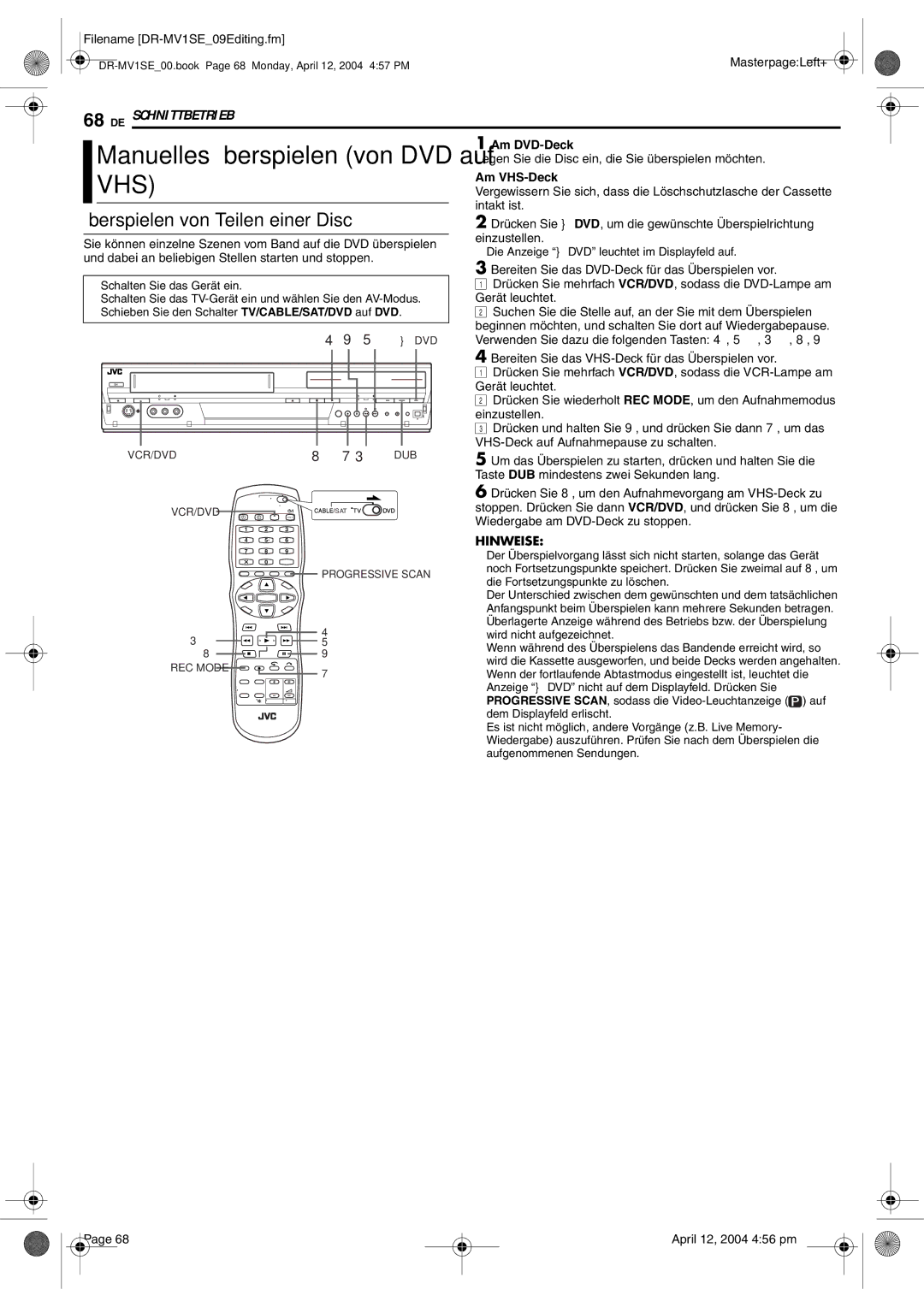 JVC DR-MV1S manual Manuelles Überspielen von DVD auf VHS, Überspielen von Teilen einer Disc, 5 DVD, 73 DUB 