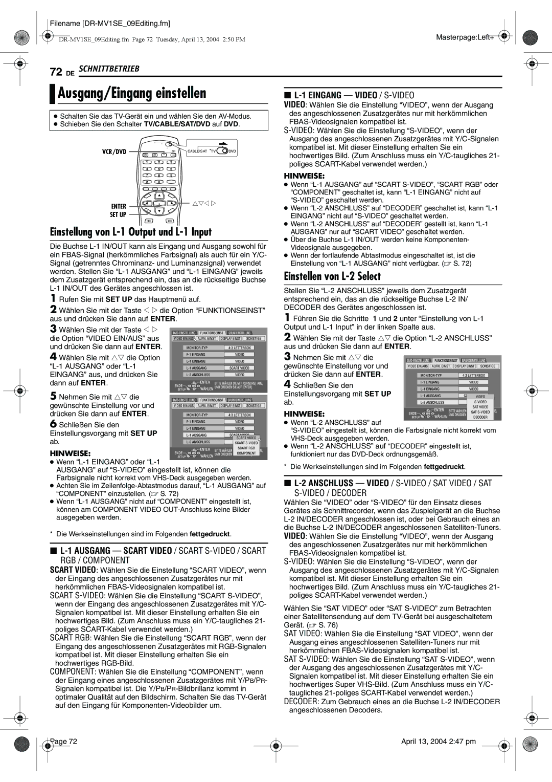 JVC DR-MV1S manual Einstellung von L-1 Output und L-1 Input, Einstellen von L-2 Select 