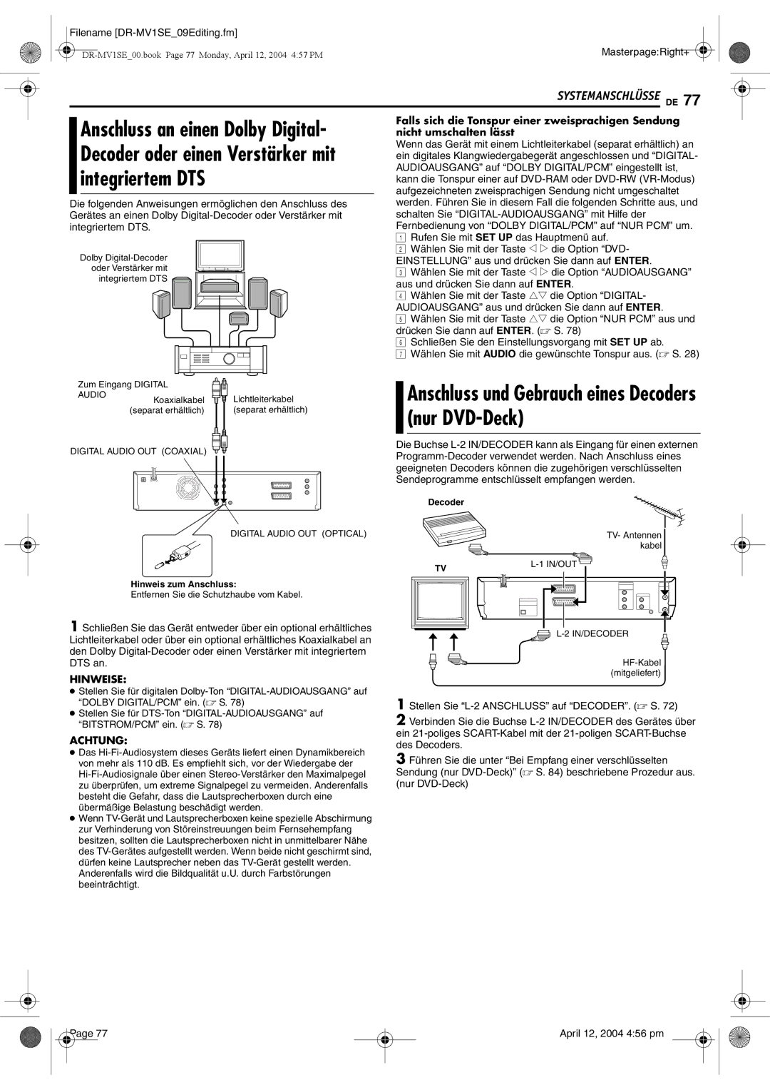 JVC DR-MV1S manual Anschluss und Gebrauch eines Decoders nur DVD-Deck 