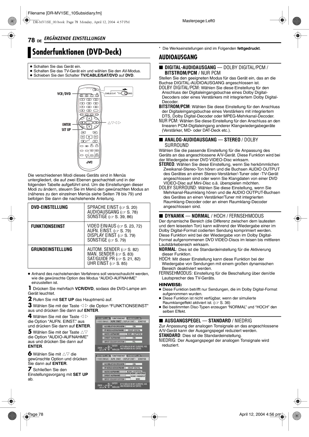 JVC DR-MV1S manual Sonderfunktionen DVD-Deck 