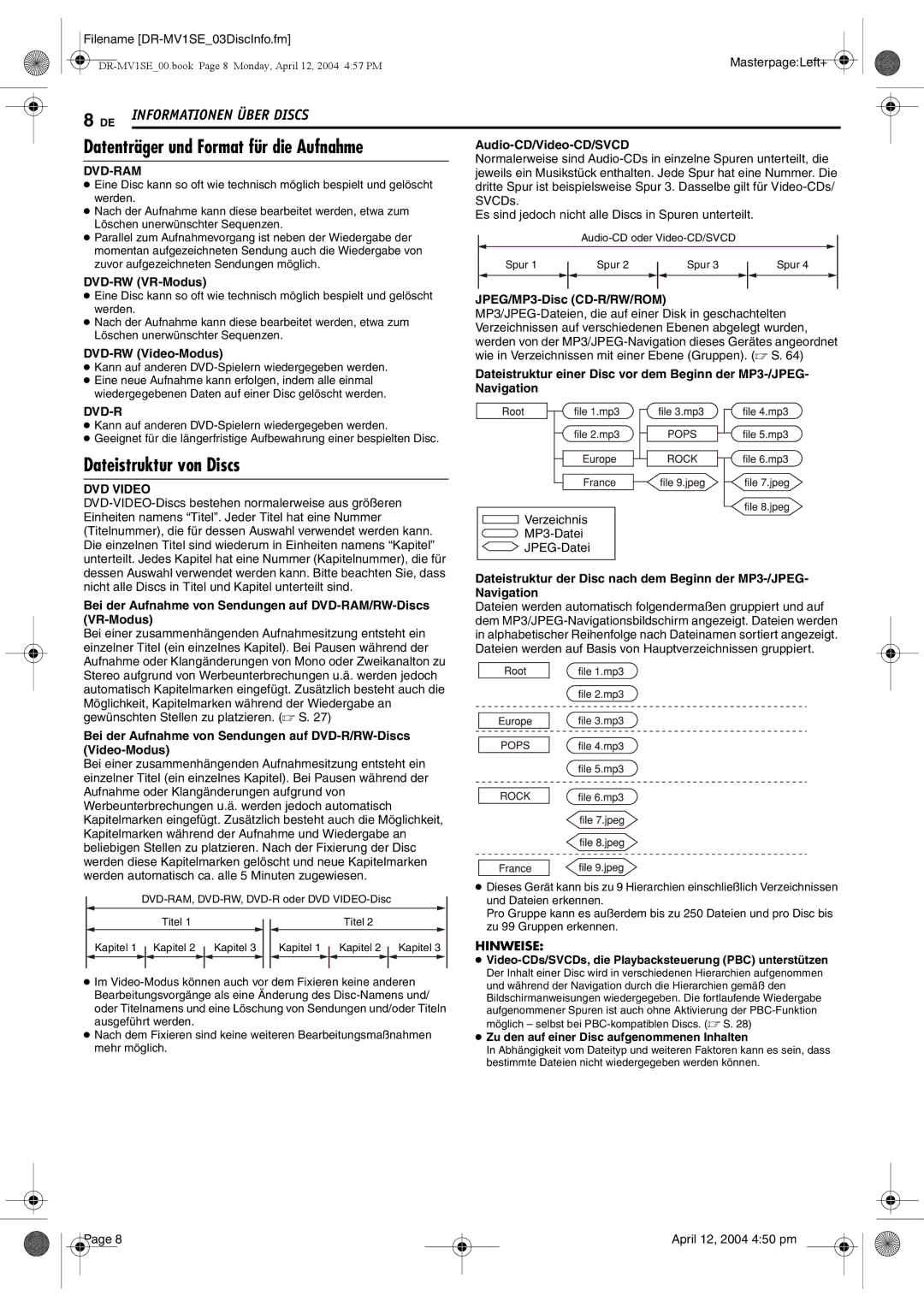 JVC DR-MV1S manual Datenträger und Format für die Aufnahme, Dateistruktur von Discs, Dvd-Ram 