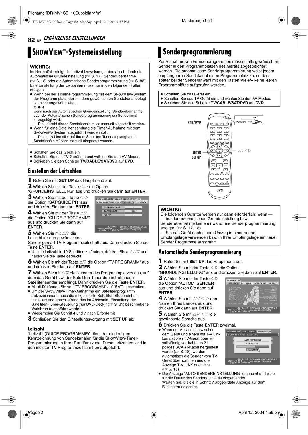 JVC DR-MV1S manual SHOWVIEWTM-Systemeinstellung, Senderprogrammierung, Einstellen der Leitzahlen 