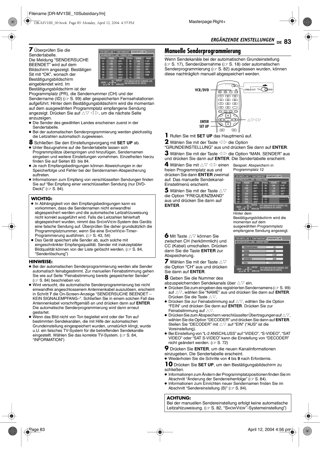 JVC DR-MV1S manual Manuelle Senderprogrammierung 