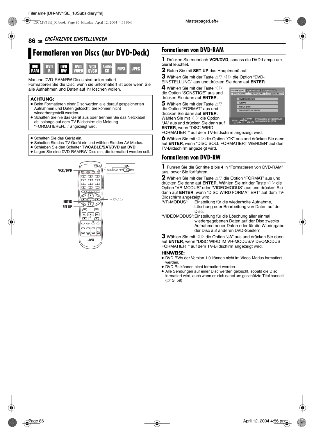 JVC DR-MV1S manual Formatieren von DVD-RAM, Formatieren von DVD-RW 