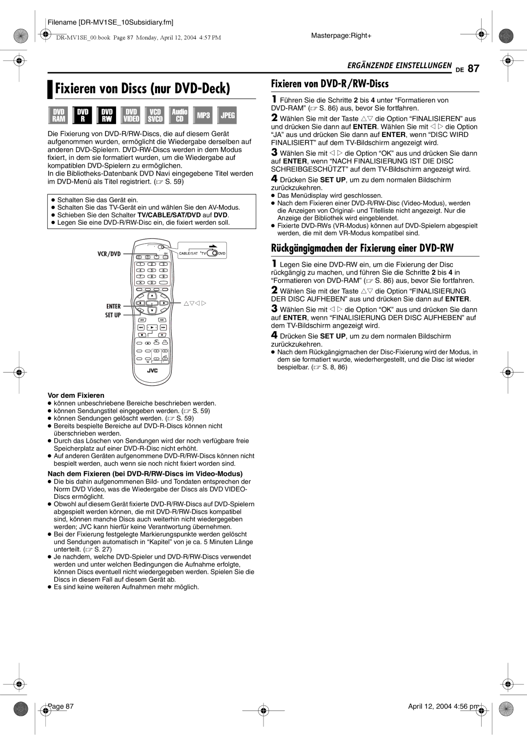 JVC DR-MV1S manual Fixieren von DVD-R/RW-Discs, Rückgängigmachen der Fixierung einer DVD-RW 