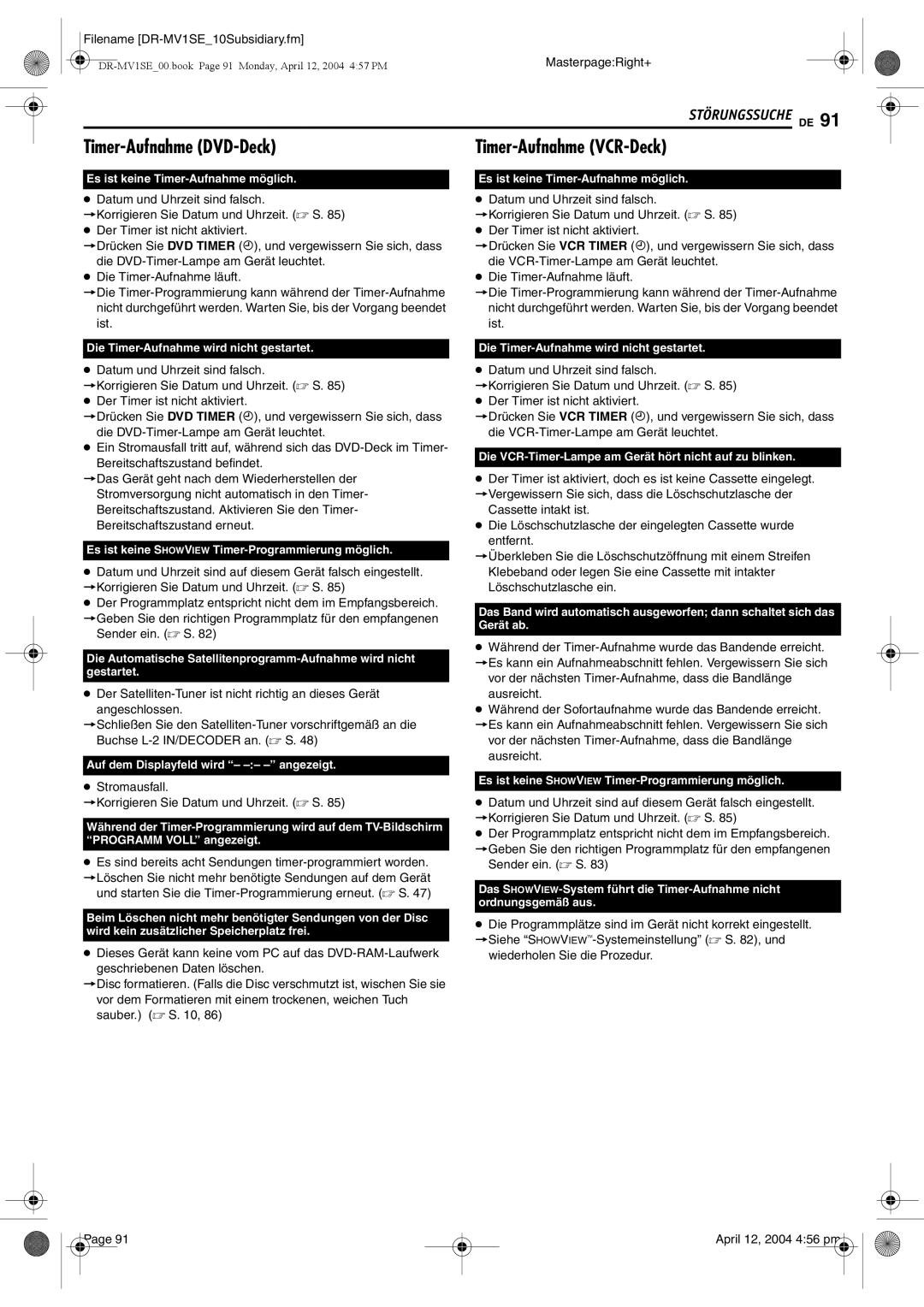 JVC DR-MV1S manual Timer-Aufnahme DVD-Deck, Timer-Aufnahme VCR-Deck, Stromausfall Korrigieren Sie Datum und Uhrzeit.  S 