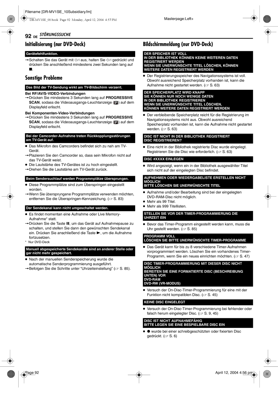 JVC DR-MV1S manual Initialisierung nur DVD-Deck, Sonstige Probleme, Bildschirmmeldung nur DVD-Deck 