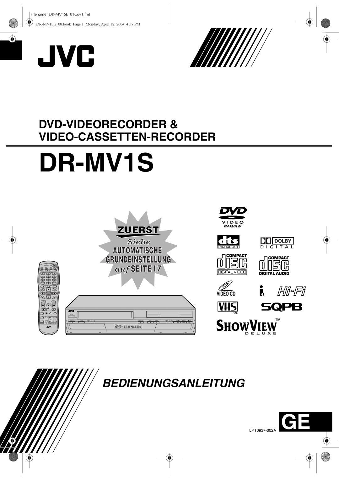 JVC manual Bedienungsanleitung, Dvd-Videorecorder & Video-Cassetten-Recorder, Filename DR-MV1SE01Cov1.fm, Enter, Menu 