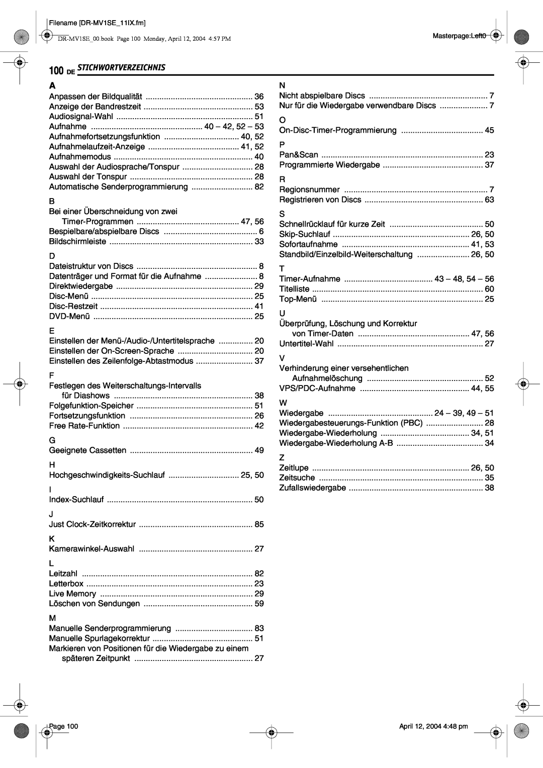 JVC DR-MV1S manual De Stichwortverzeichnis 