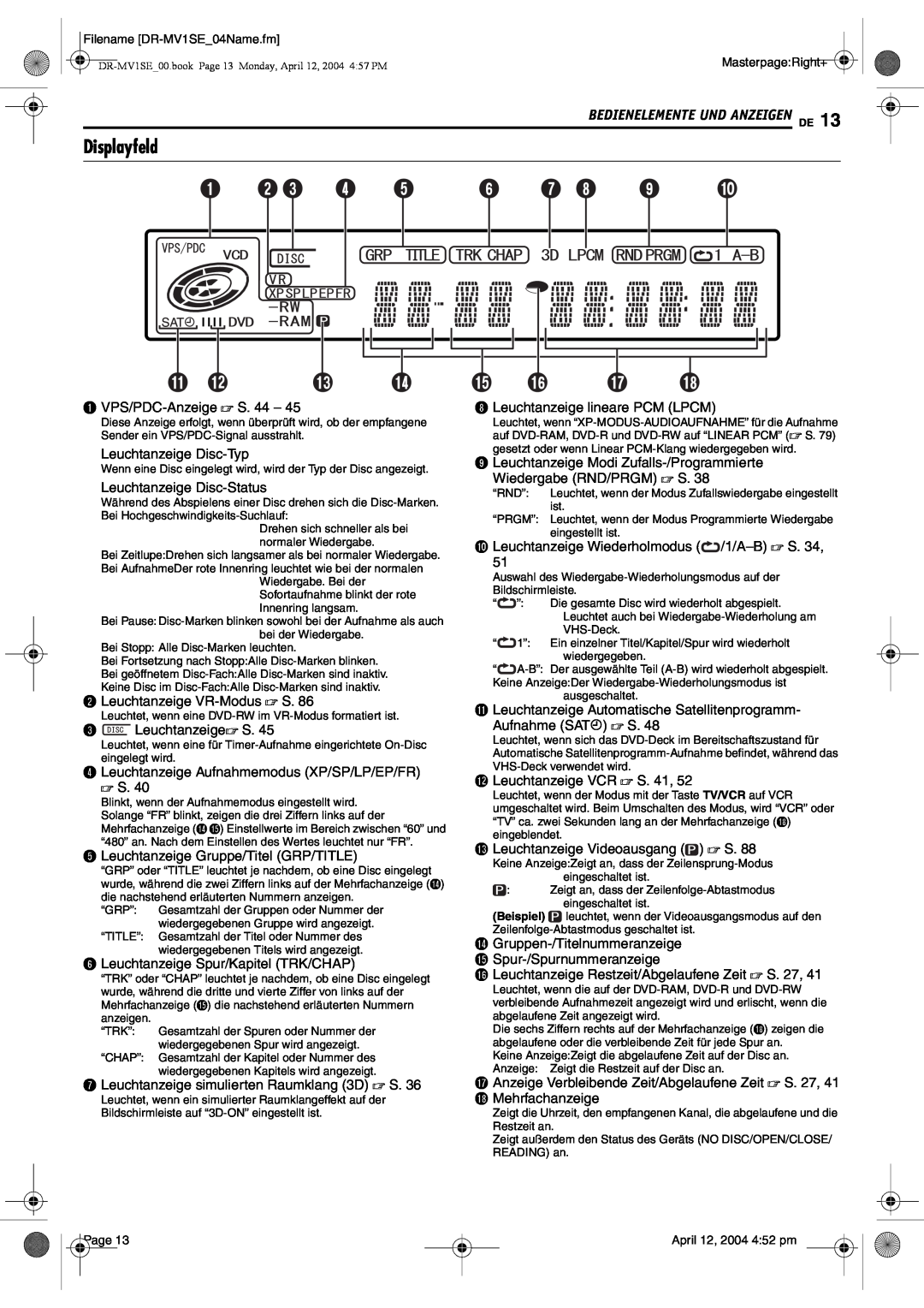 JVC DR-MV1S manual A B C D E F G H I J, Displayfeld 