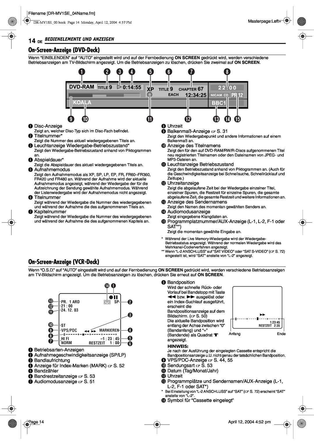 JVC DR-MV1S manual On-Screen-Anzeige DVD-Deck, On-Screen-Anzeige VCR-Deck, De Bedienelemente Und Anzeigen 