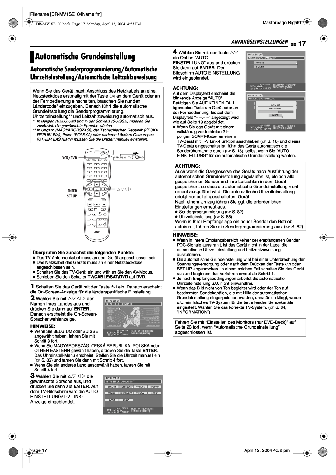 JVC DR-MV1S manual Automatische Grundeinstellung, Anfangseinstellungen De, Automatische Senderprogrammierung/Automatische 