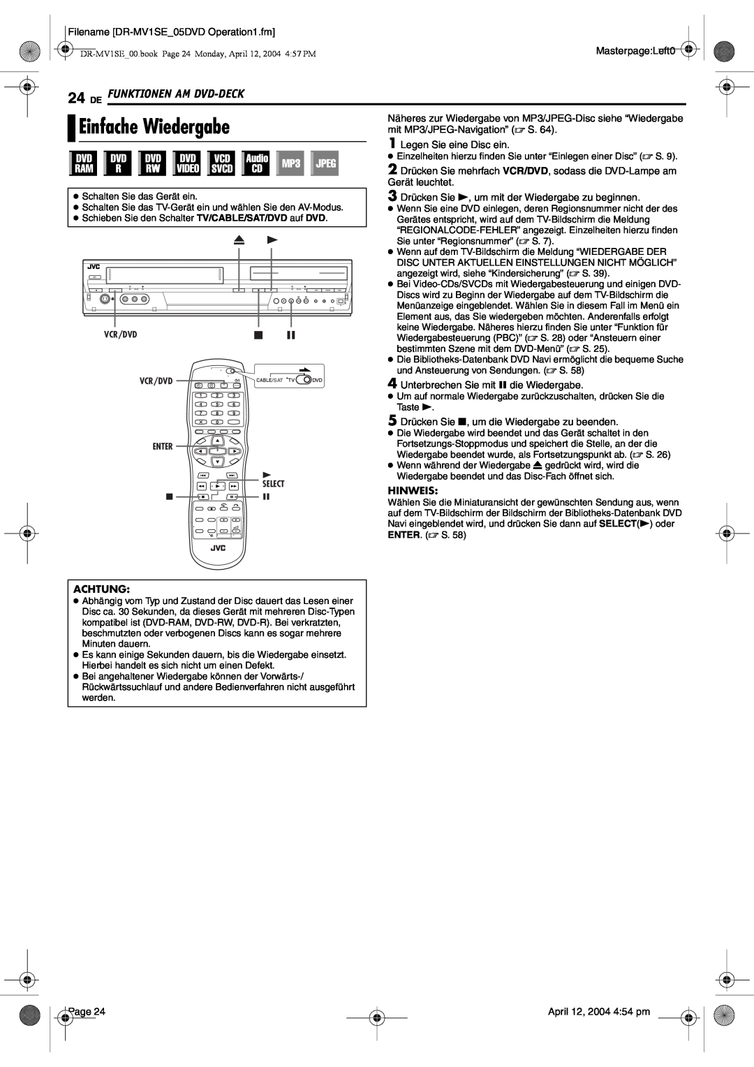 JVC DR-MV1S manual Einfache Wiedergabe, De Funktionen Am Dvd-Deck, Hinweis, Achtung 