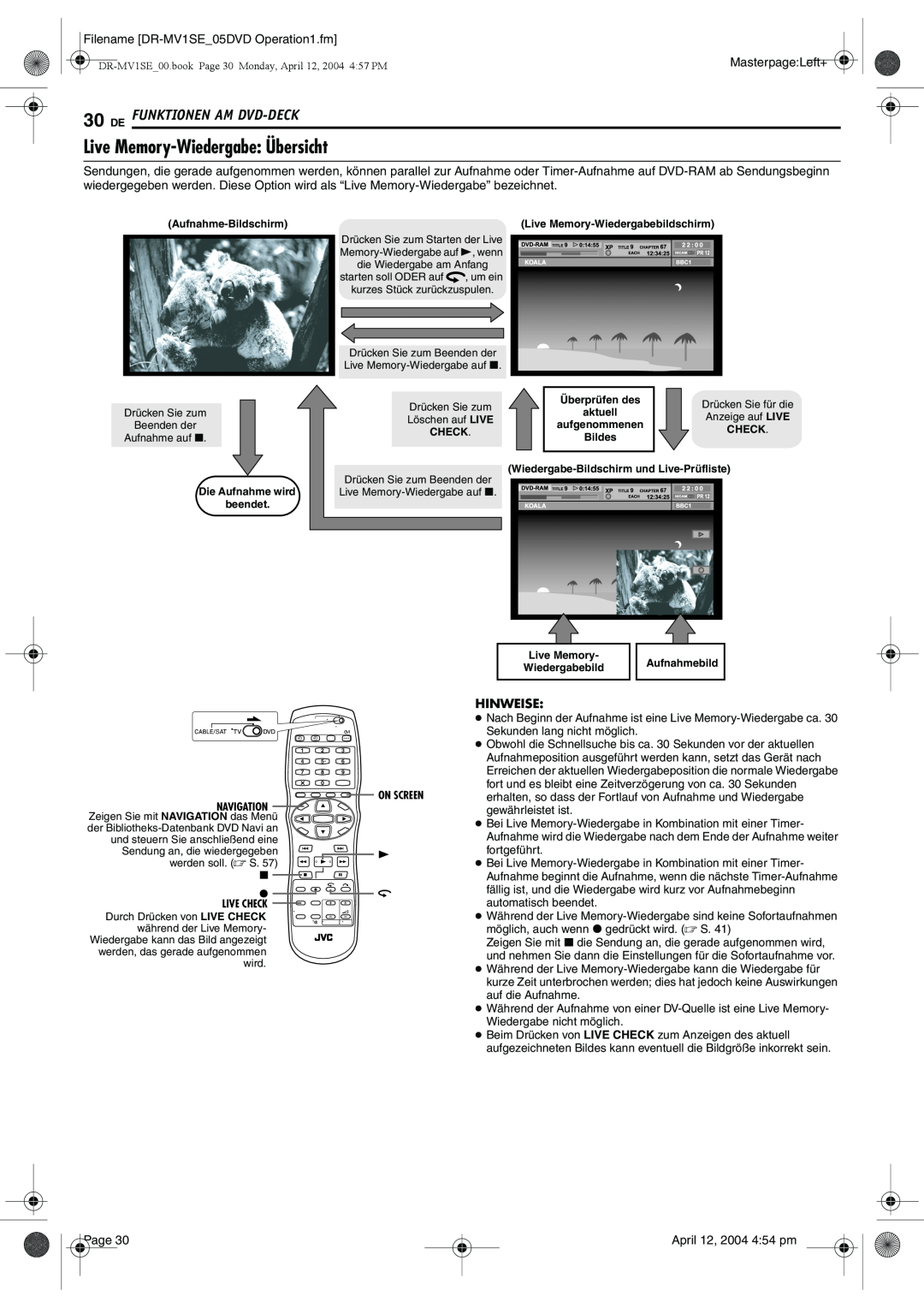 JVC DR-MV1S manual Live Memory-Wiedergabe Übersicht, De Funktionen Am Dvd-Deck, Hinweise 