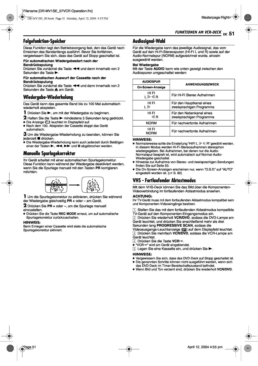 JVC DR-MV1S Folgefunktion-Speicher, Manuelle Spurlagekorrektur, VHS - Fortlaufender Abtastmodus, Wiedergabe-Wiederholung 
