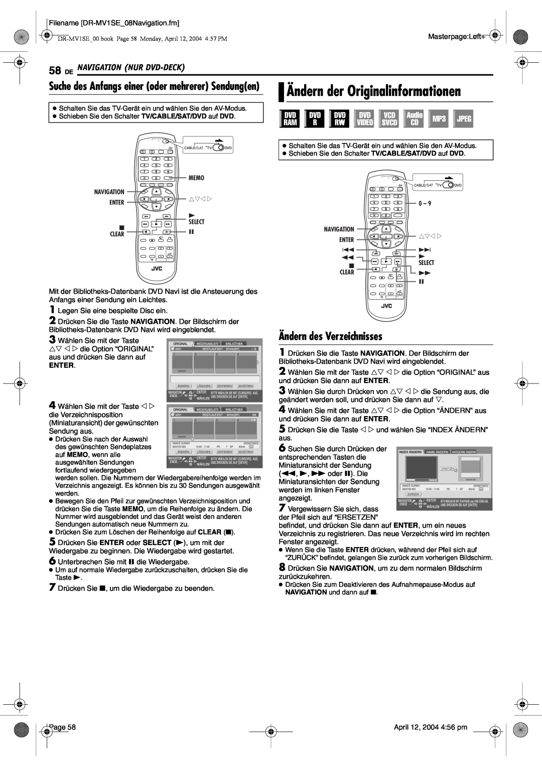 JVC DR-MV1S manual Ändern der Originalinformationen, Ändern des Verzeichnisses, De Navigation Nur Dvd-Deck, Enter 