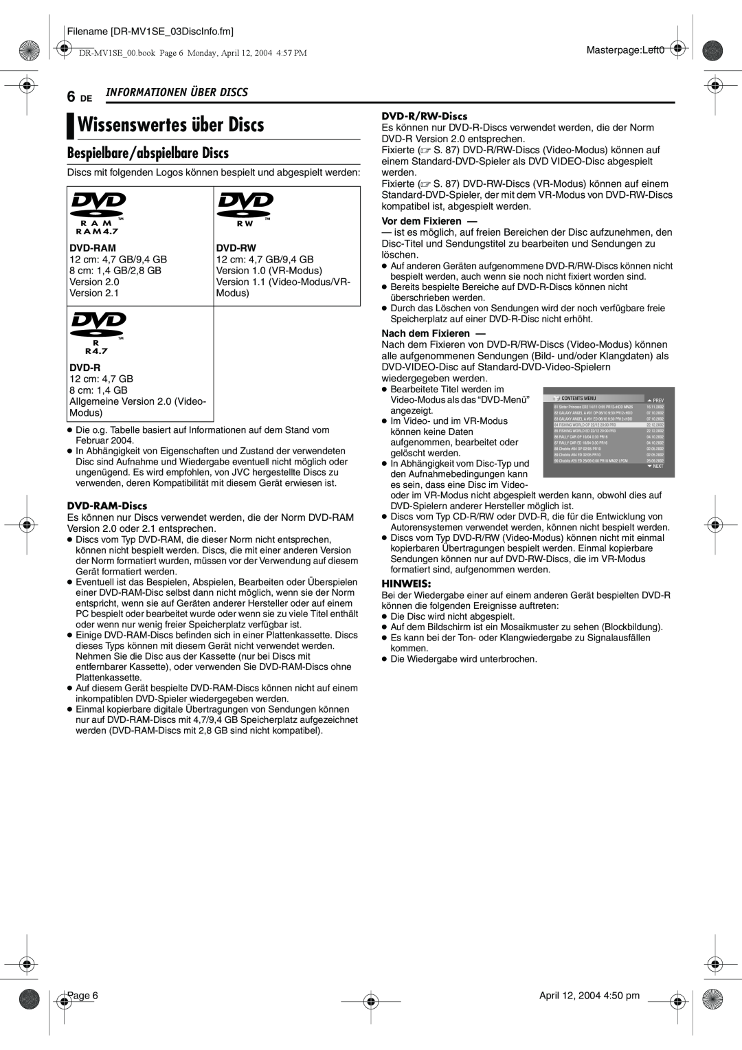 JVC DR-MV1S manual Wissenswertes über Discs, 6 DE, Bespielbare/abspielbare Discs, Informationen Über Discs, Dvd-Ram, Dvd-Rw 