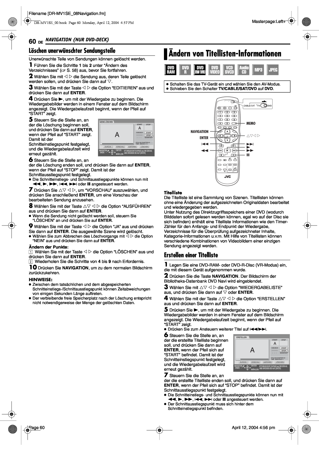 JVC DR-MV1S manual Erstellen einer Titelliste, De Navigation Nur Dvd-Deck, Ändern von Titellisten-Informationen, Hinweise 