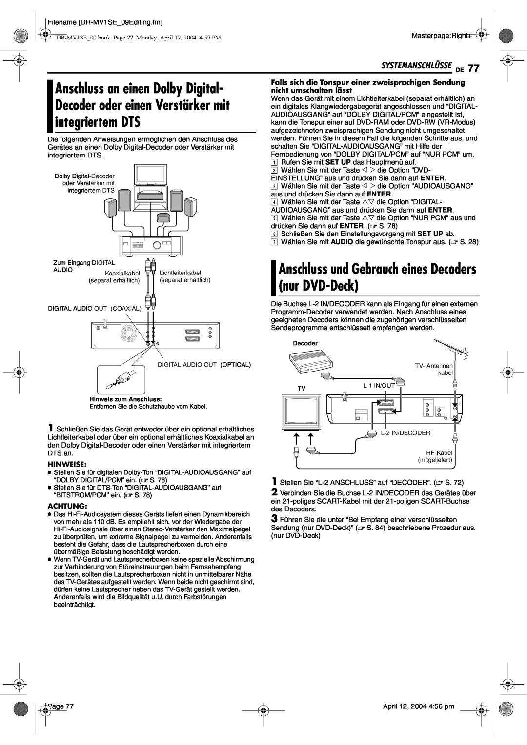 JVC DR-MV1S manual Anschluss und Gebrauch eines Decoders nur DVD-Deck, Systemanschlüsse De, Hinweise, Achtung 