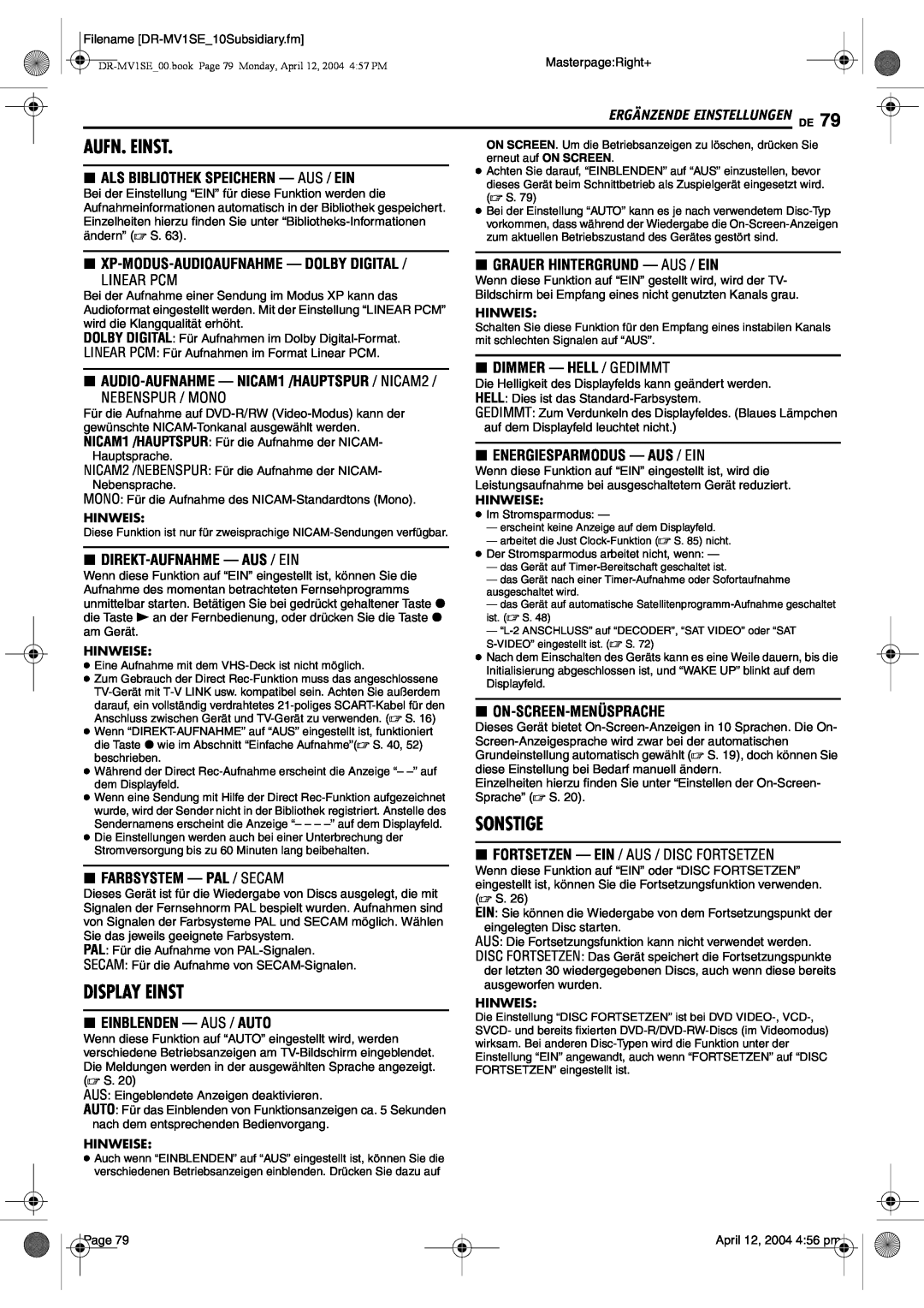 JVC DR-MV1S manual Aufn. Einst, Display Einst, Sonstige, Als Bibliothek Speichern - Aus / Ein, Linear Pcm, Nebenspur / Mono 