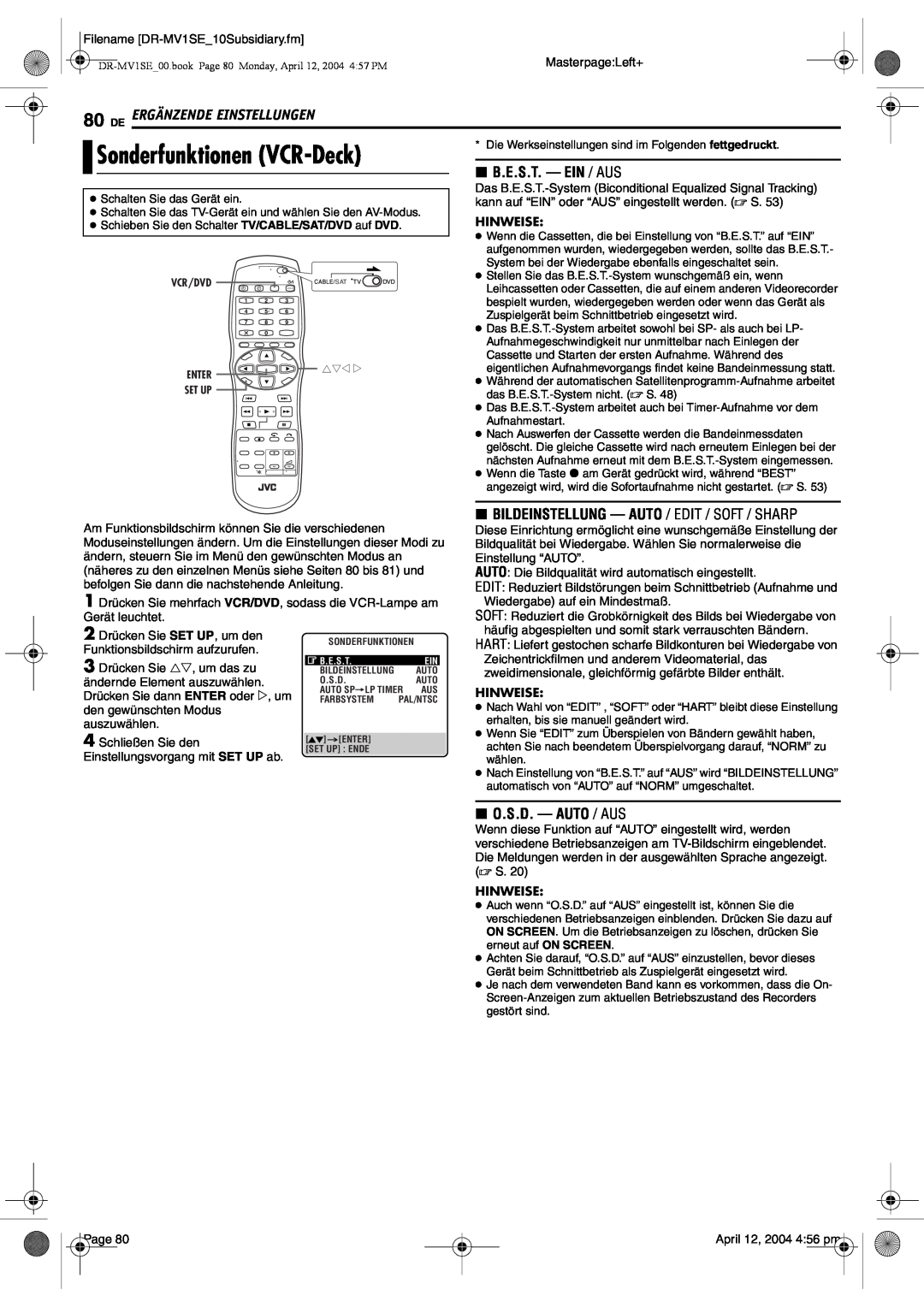 JVC DR-MV1S manual Sonderfunktionen VCR-Deck, De Ergänzende Einstellungen, 8 B.E.S.T. - EIN / AUS, 8 O.S.D. - AUTO / AUS 