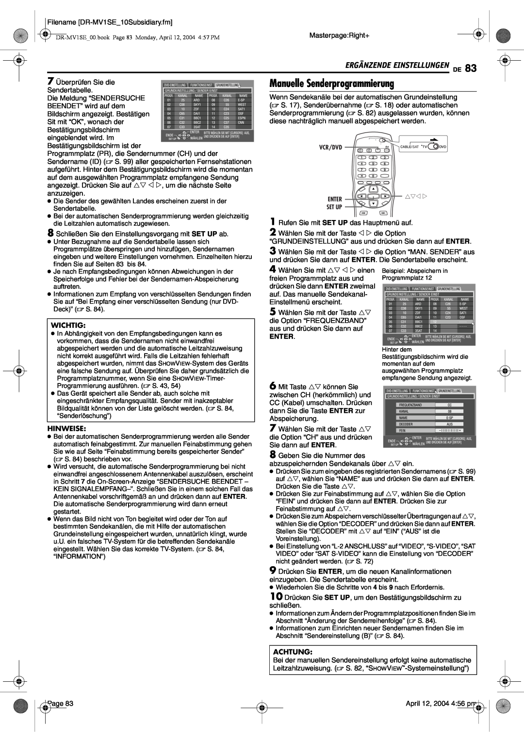 JVC DR-MV1S manual Manuelle Senderprogrammierung, Wichtig, Enter, Hinweise, Achtung 
