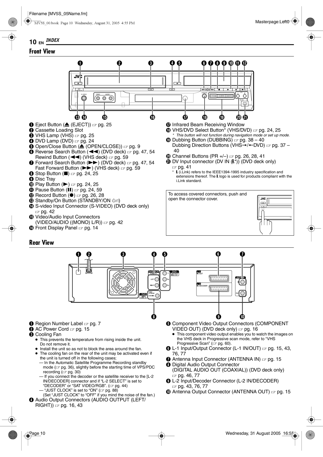 JVC DR-MV5BE manual Front View, Rear View, Filename MV5S05Name.fm 