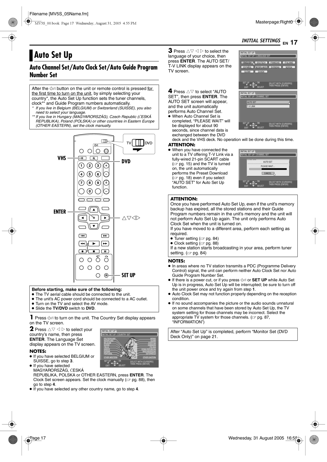 JVC DR-MV5BE manual Auto Set Up, Number Set, Vhs Dvd, Enter 