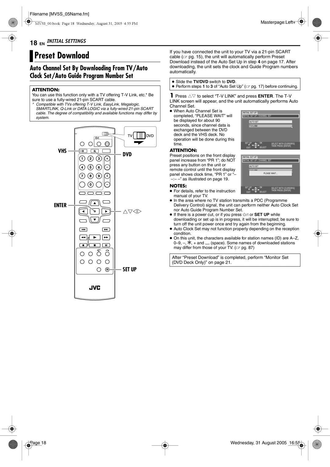 JVC DR-MV5BE manual Preset Download, Clock Set/Auto Guide Program Number Set 