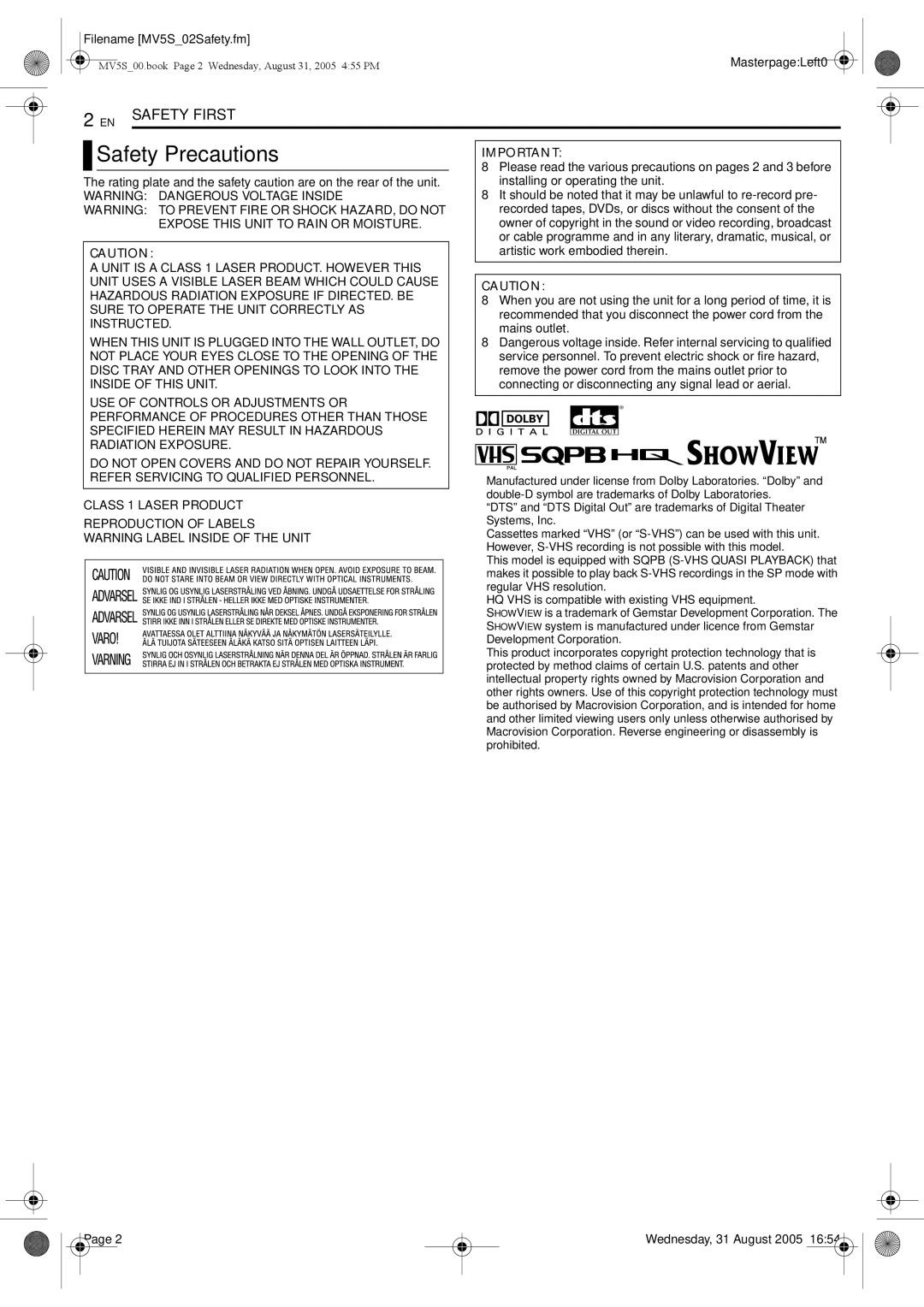 JVC DR-MV5BE manual Filename MV5S02Safety.fm, Mains outlet 